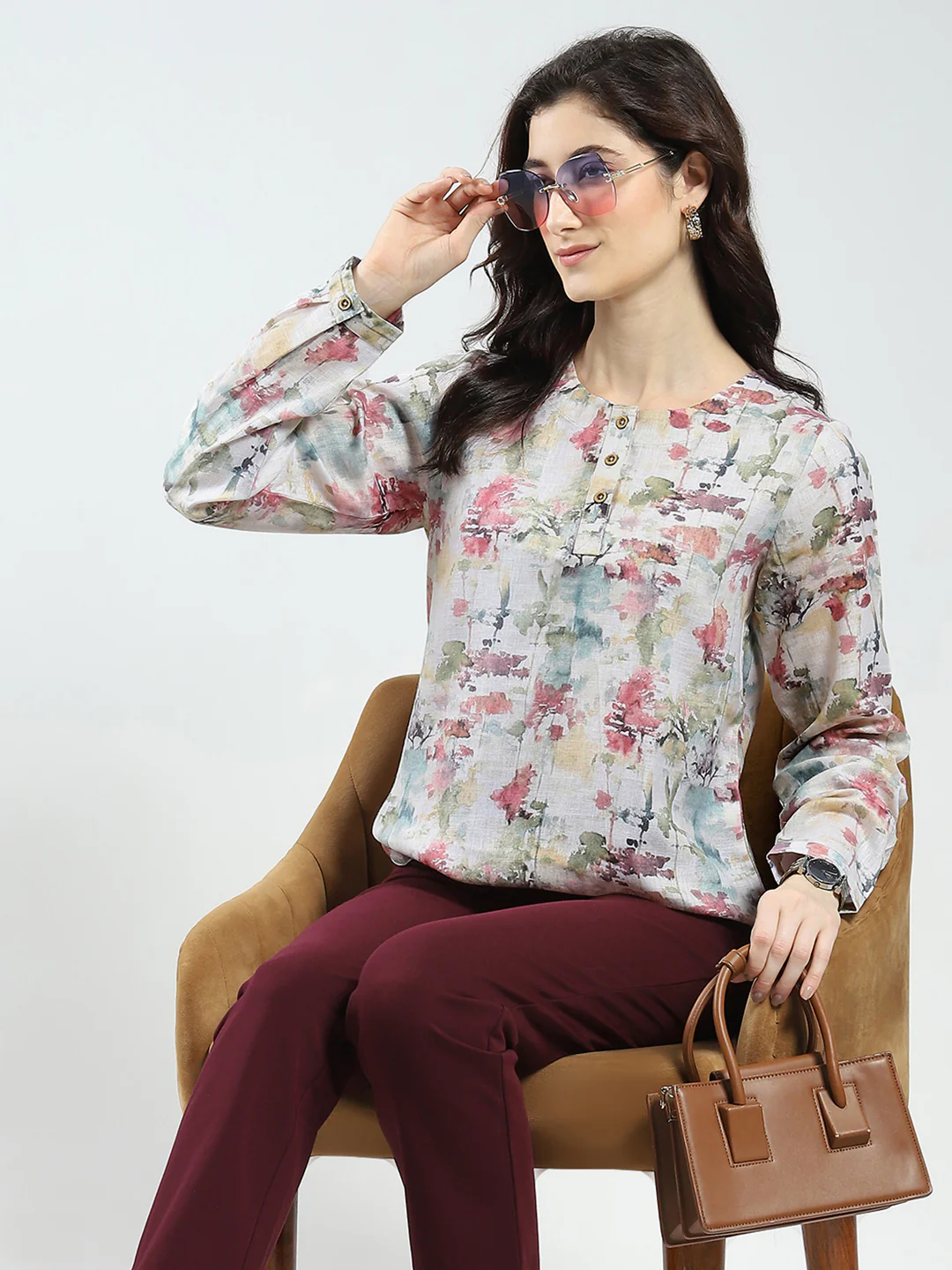 Women Green Printed Round Neck Full Sleeve Top