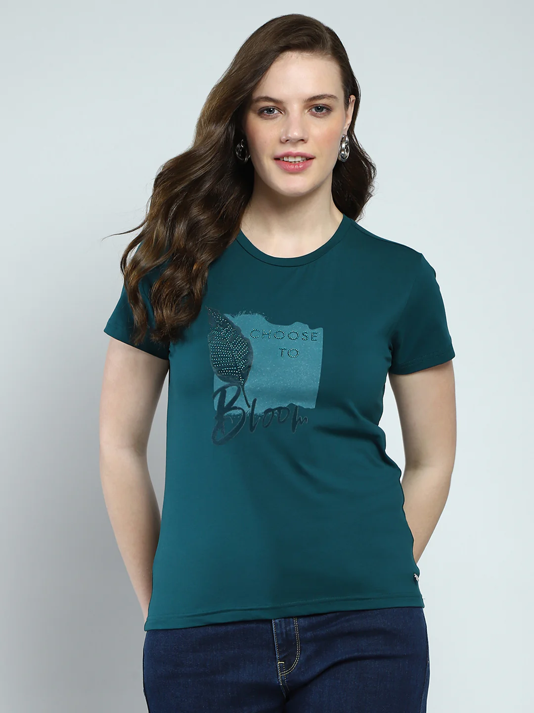 Women Green Printed Round Neck Half Sleeve Top
