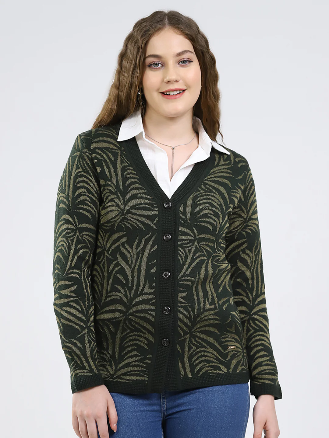Women Green Printed V Neck Full Sleeve Cardigan