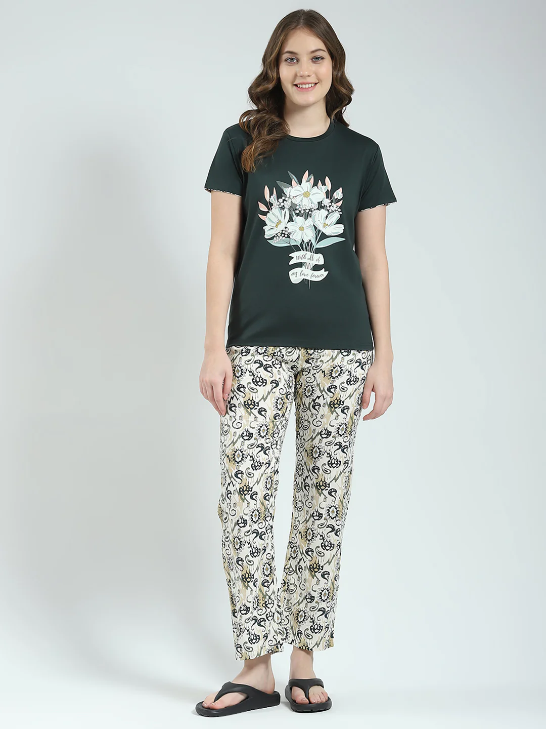Women Green Printed Round Neck Half Sleeve Lower Set