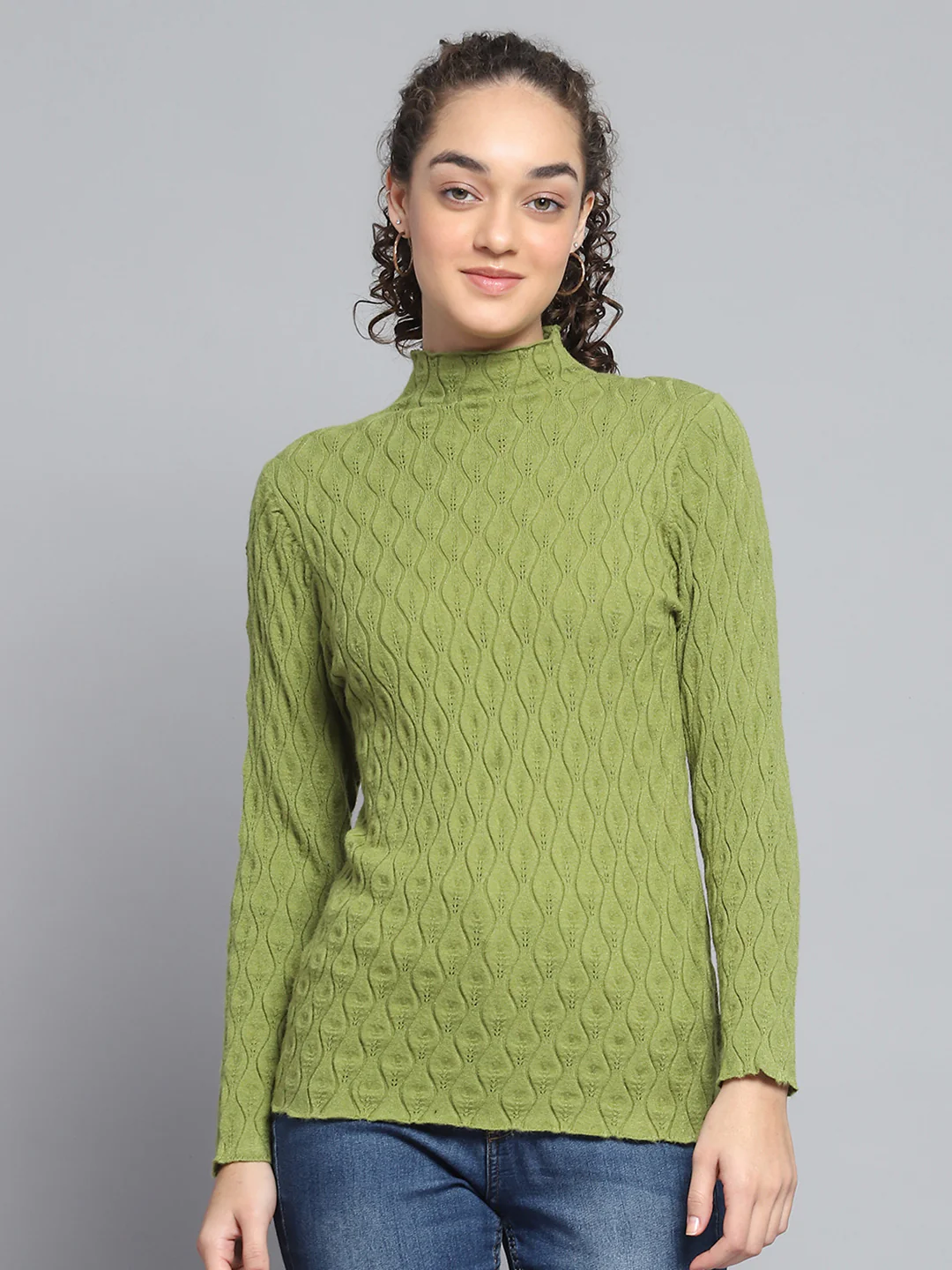 Women Green Self Design High Neck Full Sleeve Sceavy