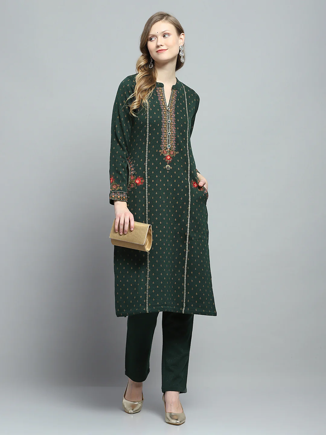Women Green Self Design Round Neck Full Sleeve Kurti Set for Winter - Image 2