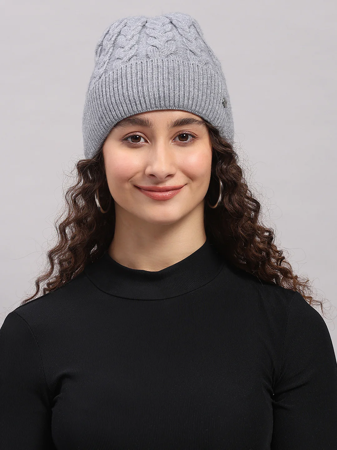 Women Grey Printed Blend Wool Cap