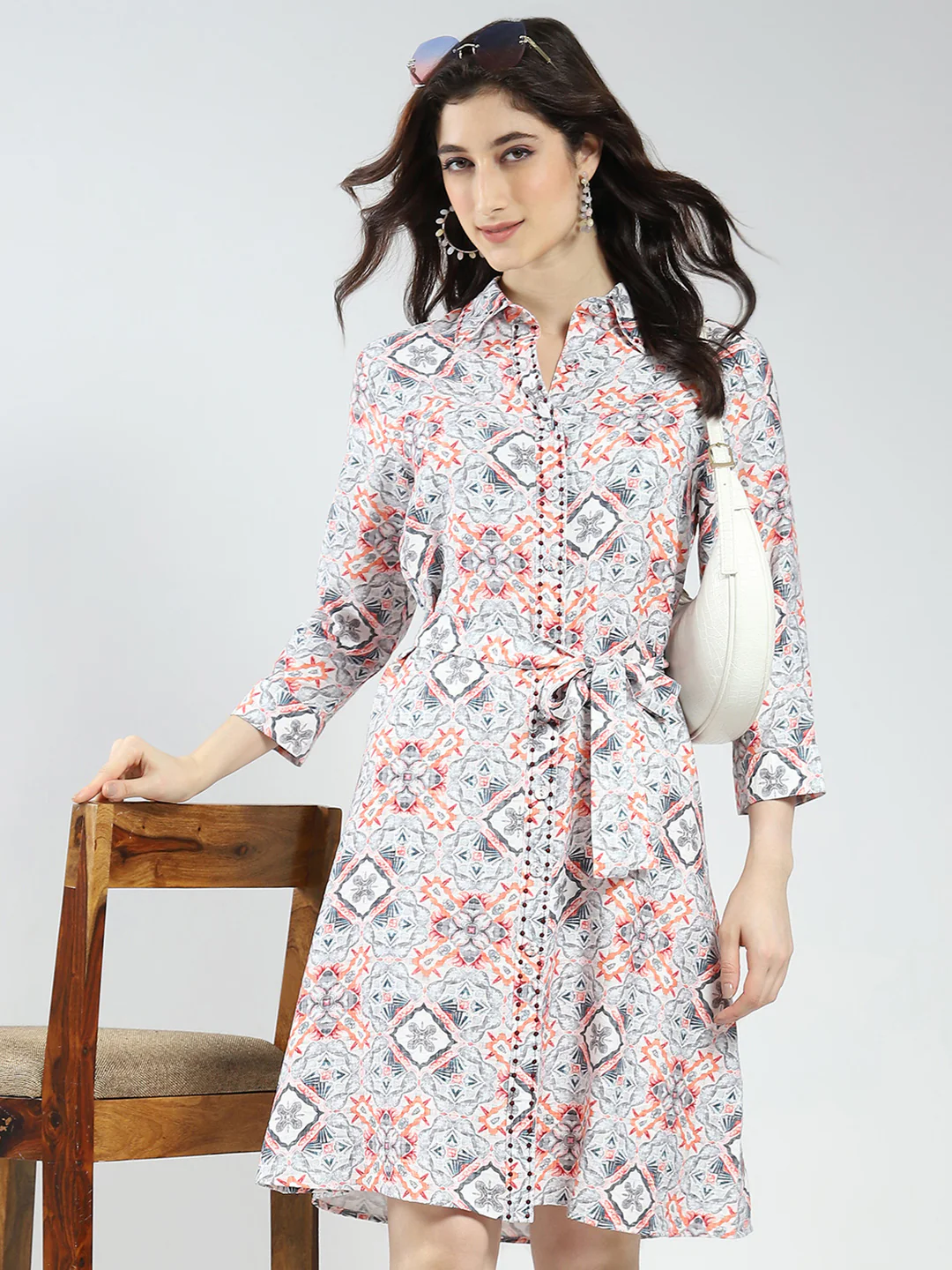Women Grey Printed Collar 3/4th Sleeve Tunic