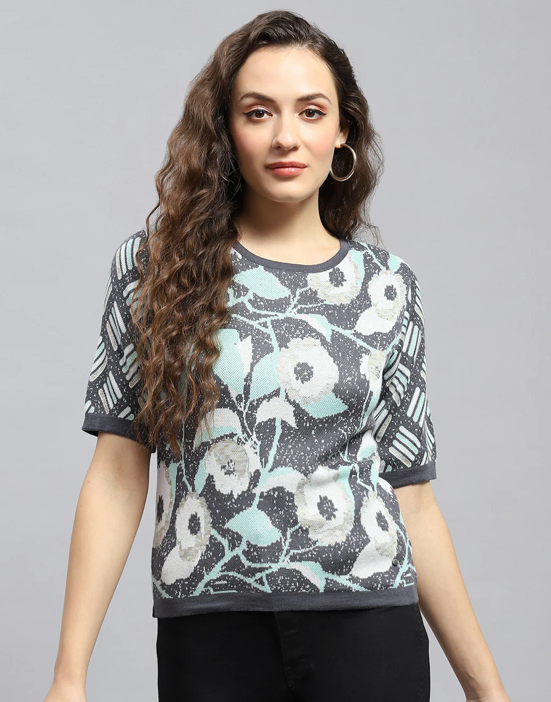 Women Grey Printed Round Neck Half Sleeve Top