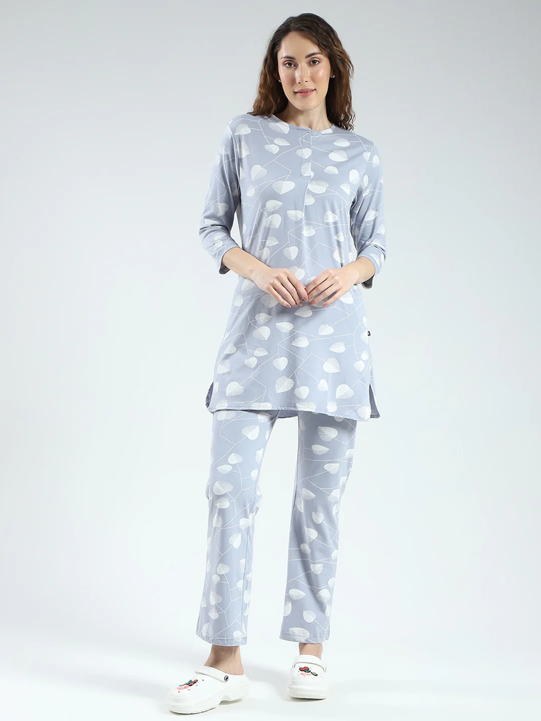 Women Grey Printed Round Neck 3/4th Sleeve Lower Set