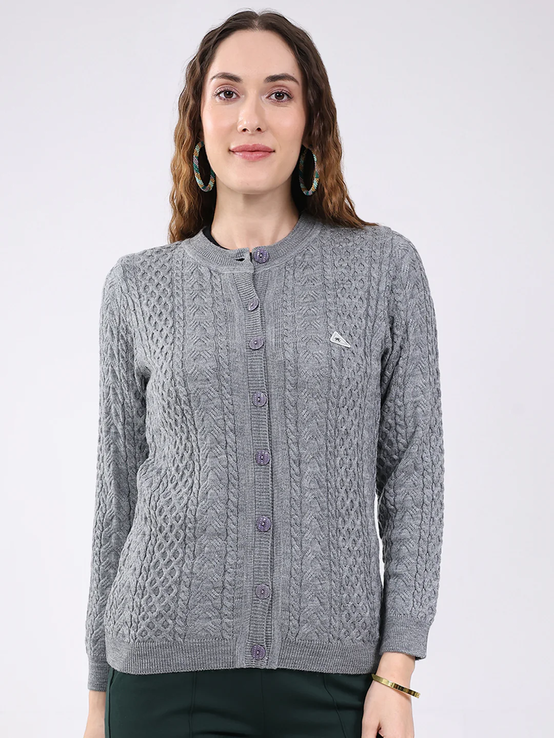 Women Grey Self Design Round Neck Full Sleeve Cardigan
