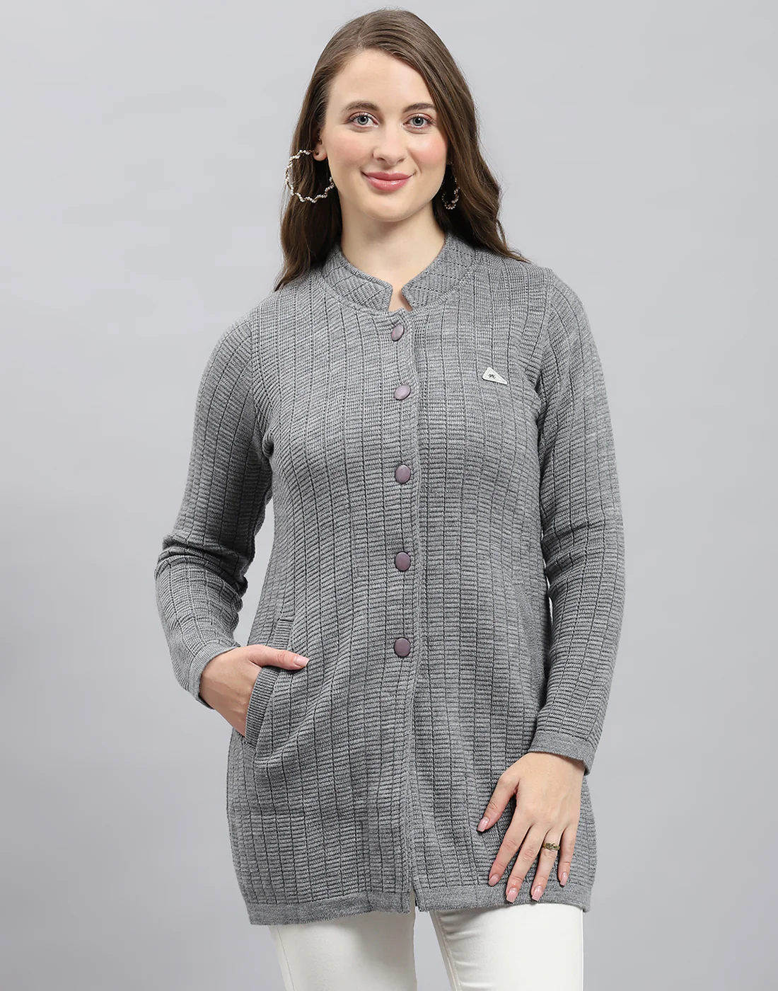 Women Grey Self Design Round Neck Full Sleeve Knitted coat - Image 2