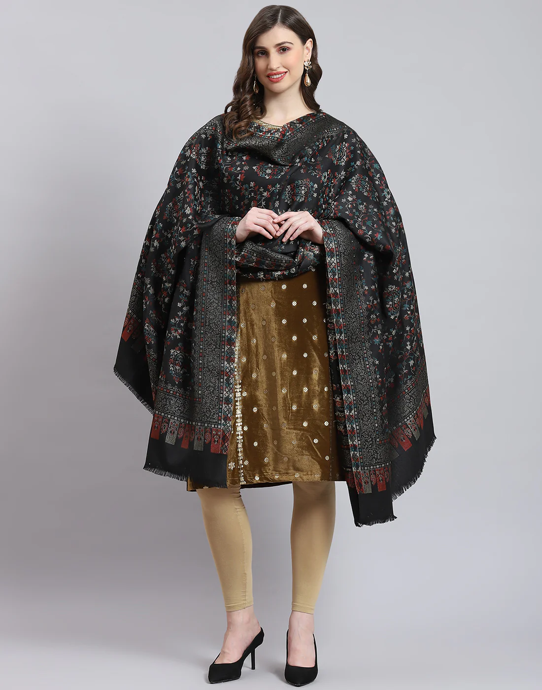 Women Grey Self Design Shawl - Image 2