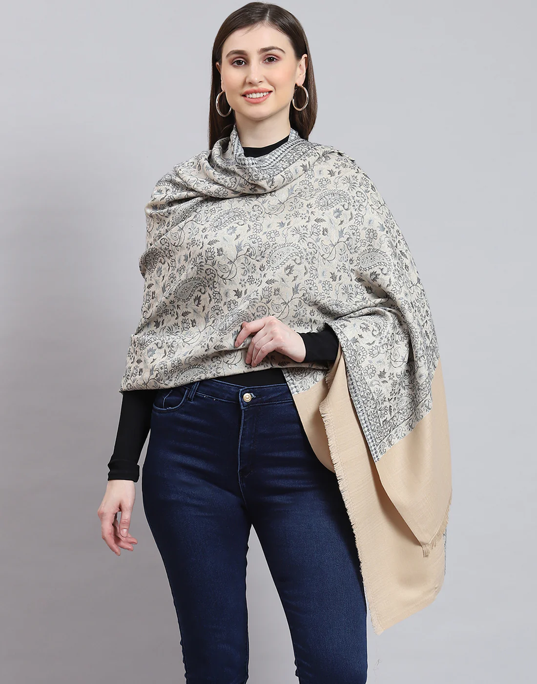 Women Grey Self Design Shawl - Image 2