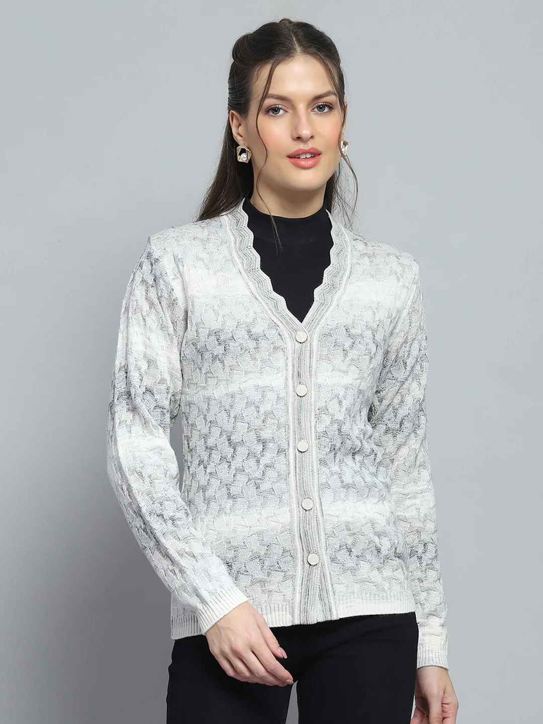 Women Grey Self Design V Neck Full Sleeve Cardigan