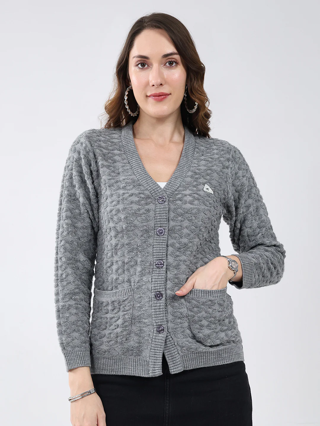Women Grey Self Design V Neck Full Sleeve Cardigan