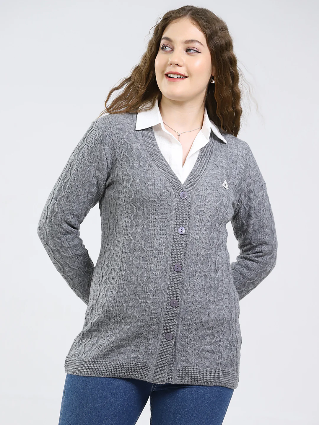 Women Grey Self Design V Neck Full Sleeve Cardigan