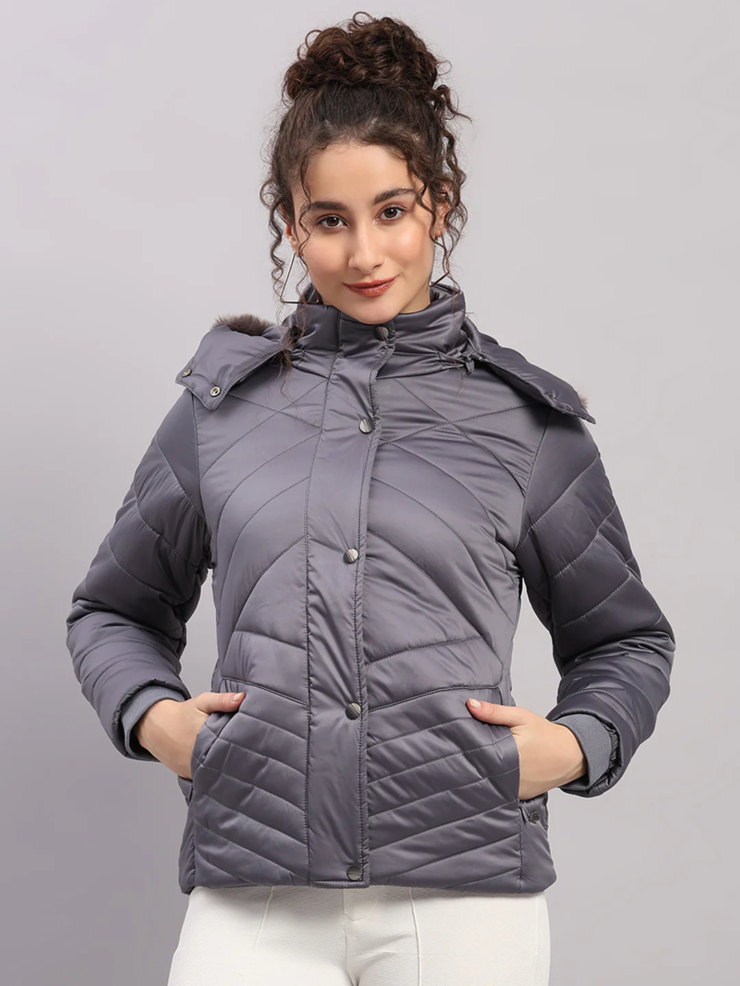 Women Grey Solid Hooded Full Sleeve Jacket