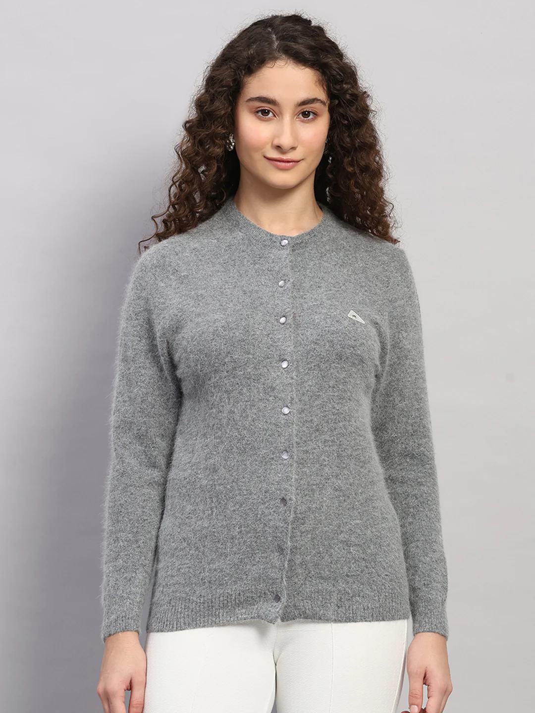Women Grey Solid Round Neck Full Sleeve Cardigan