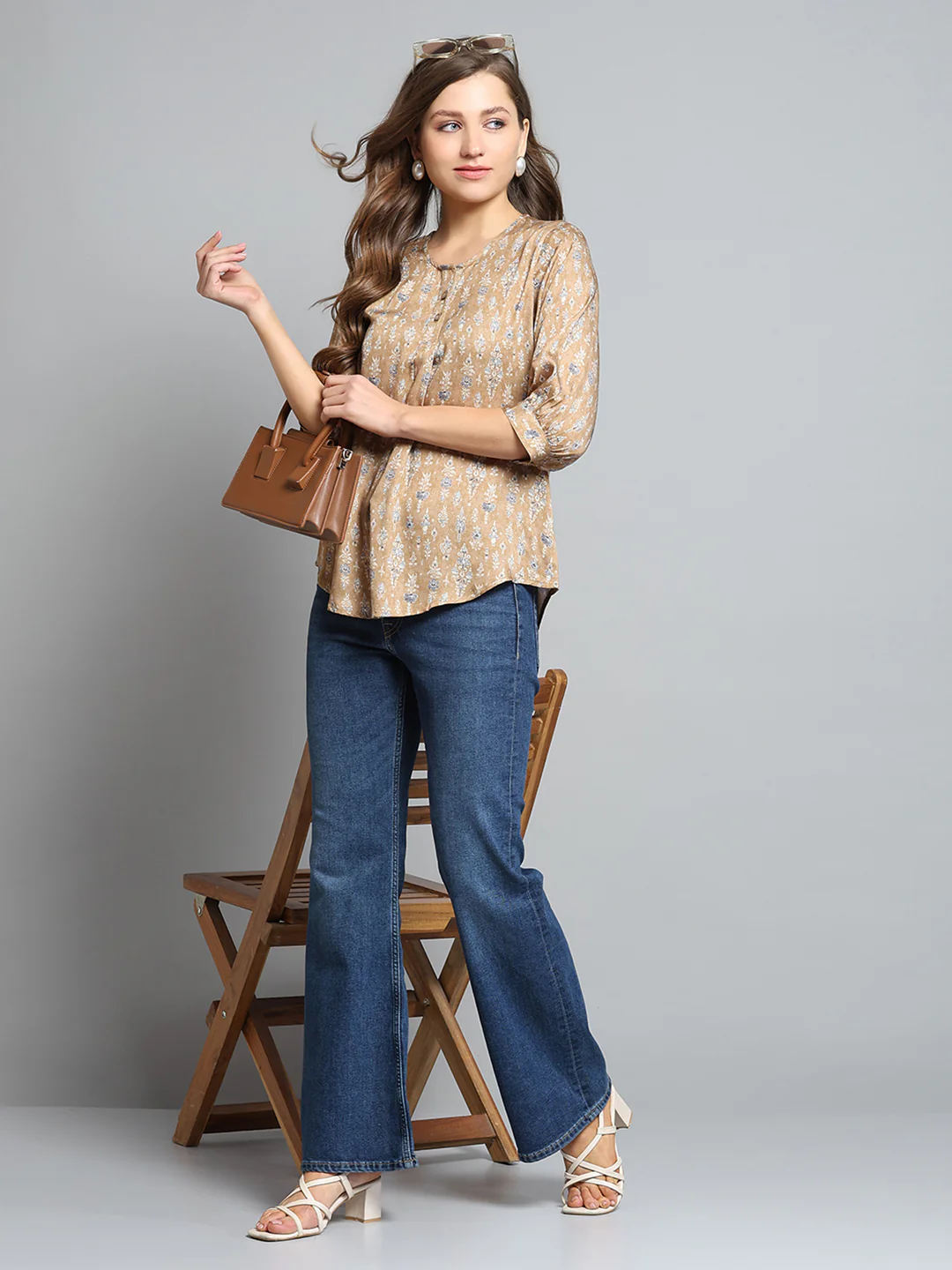 Women Khaki Printed Round Neck 3/4th Sleeve Top - Image 2