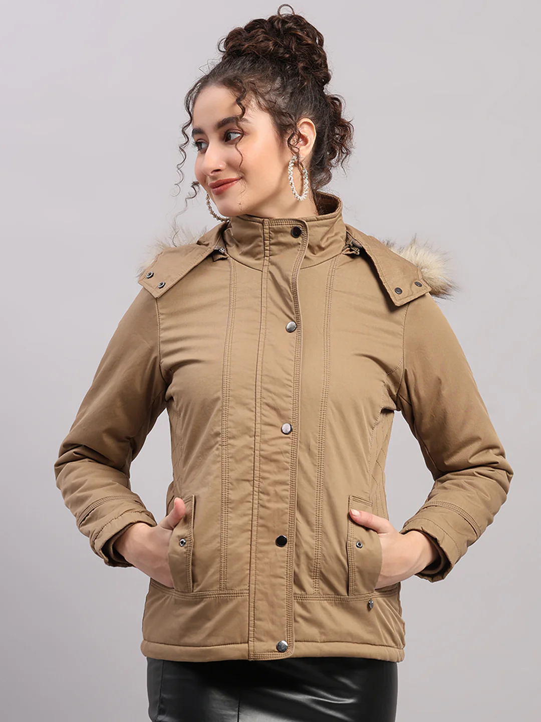 Women Khaki Solid Hooded Full Sleeve Jacket