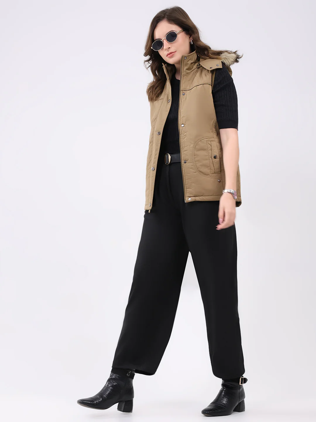 Women Khaki Solid Hooded Sleeveless Jacket - Image 2