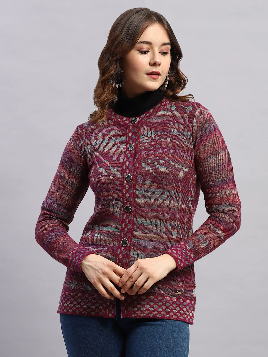 Women Magenta Self Design Round Neck Sleeveless Cardigan