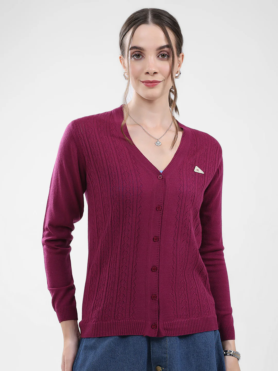Women Magenta Self Design V Neck Full Sleeve Cardigan