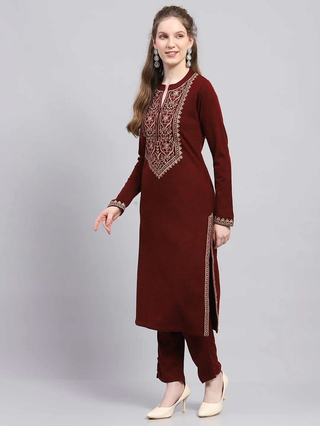 Women Maroon Embroidered Round Neck Full Sleeve Kurti Set for Winter - Image 3