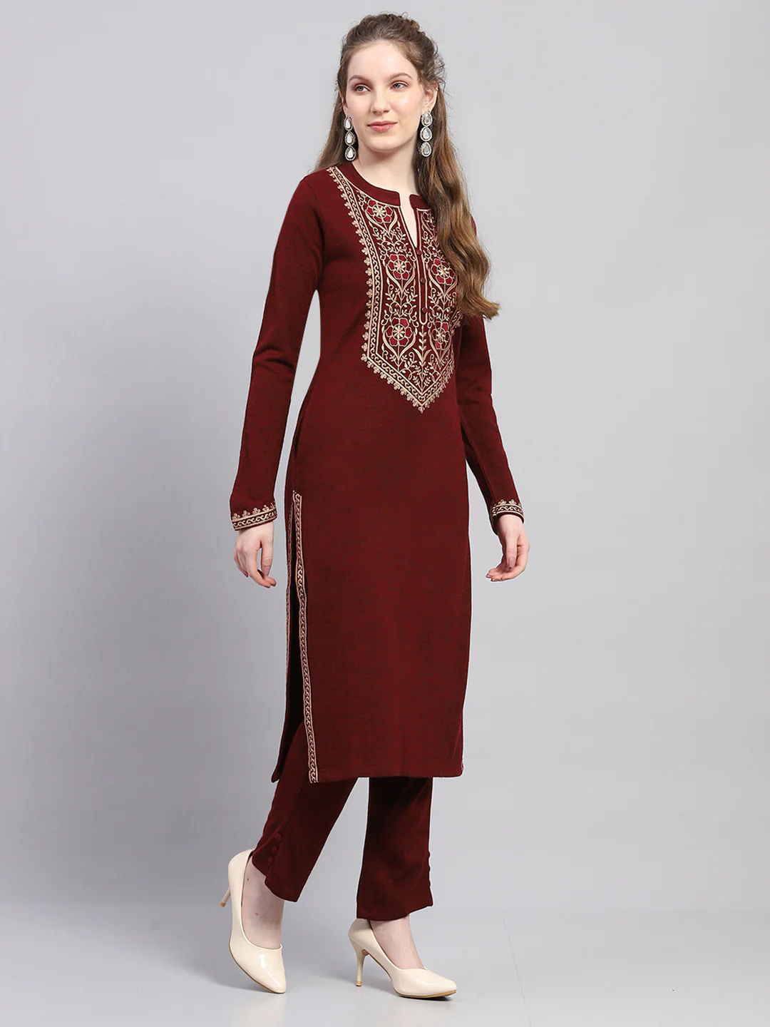 Women Maroon Embroidered Round Neck Full Sleeve Kurti Set for Winter - Image 4