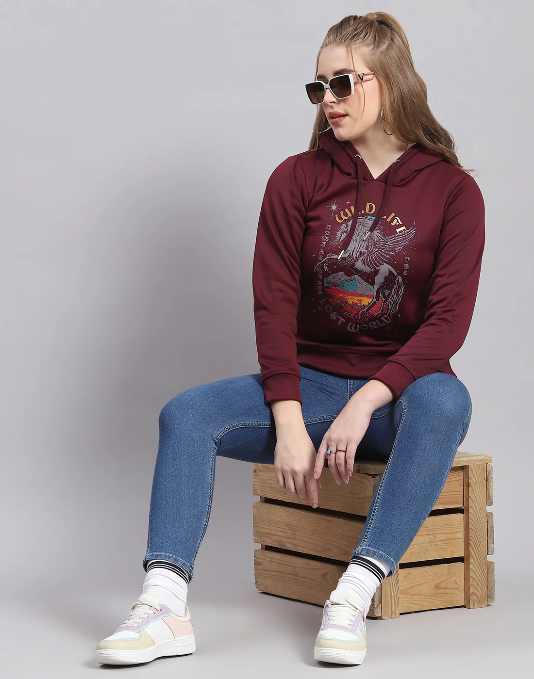 Women Maroon Printed Hooded Full Sleeve Sweatshirt - Image 2