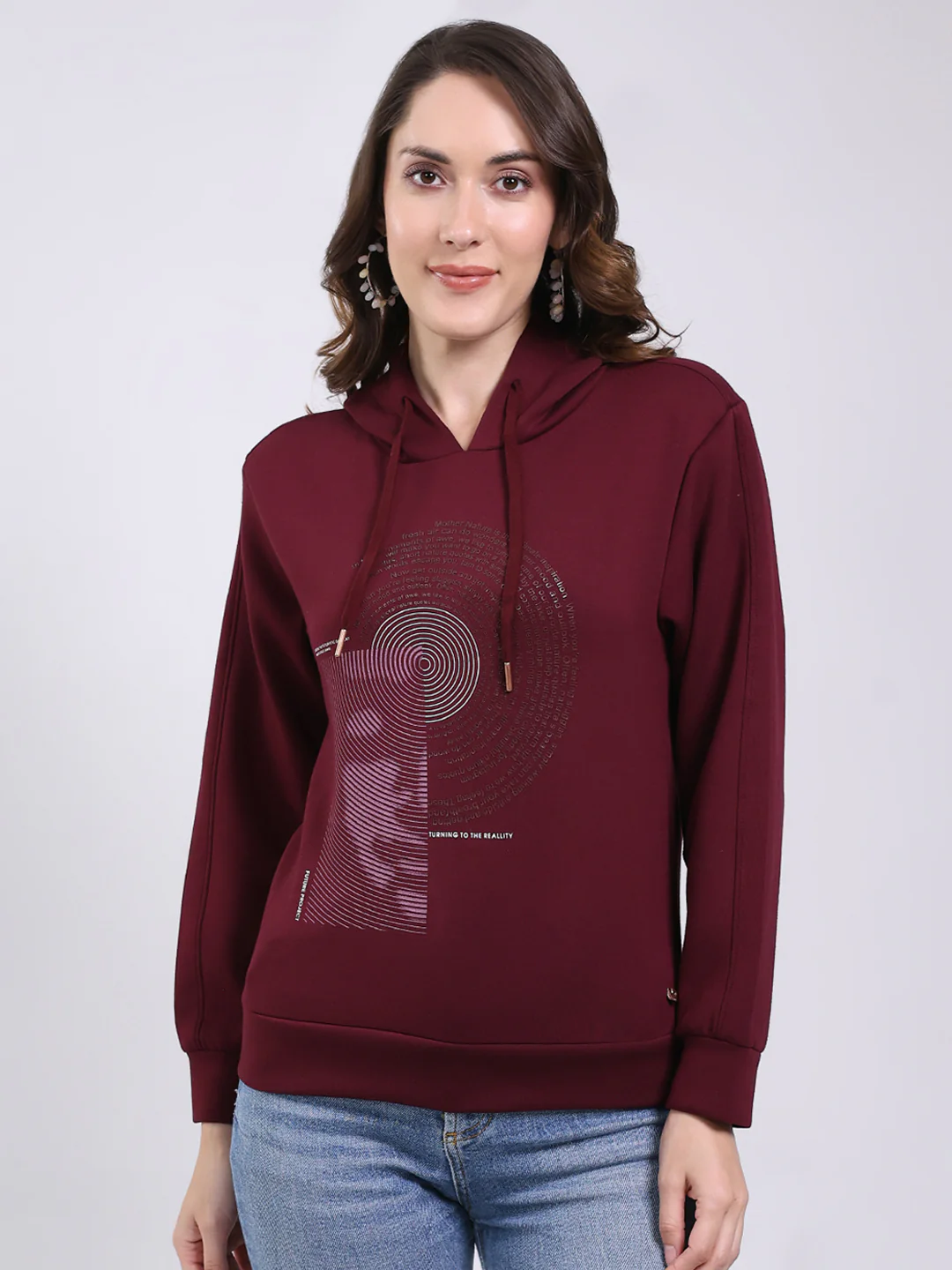 Women Maroon Printed Hooded Full Sleeve Sweatshirt