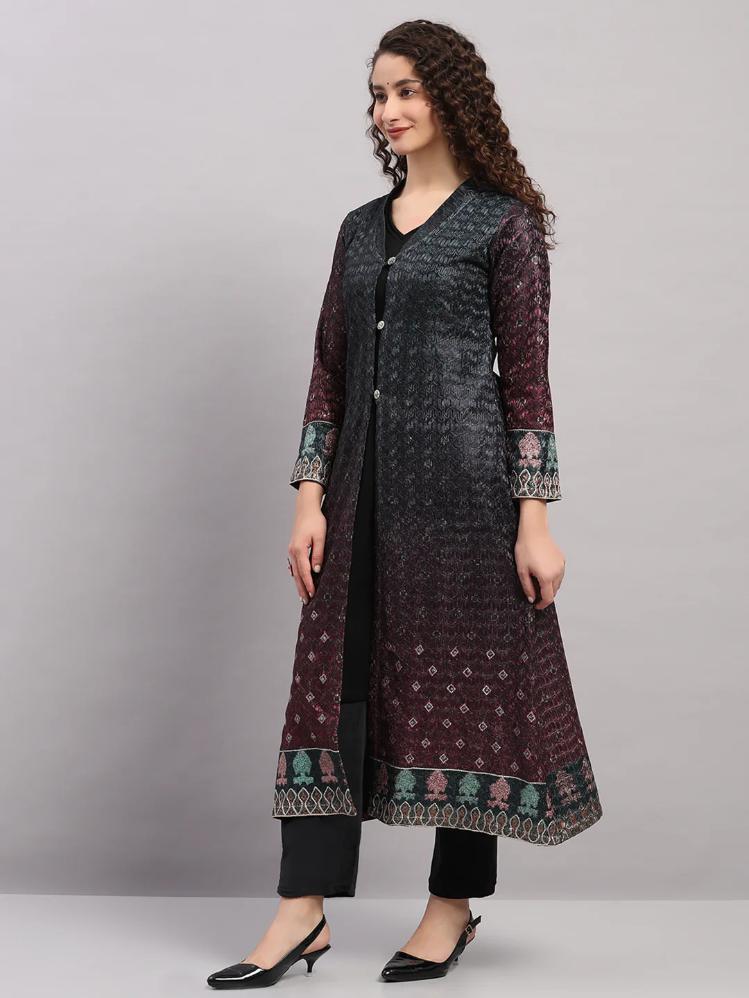 Women Maroon Printed Round Neck Full Sleeve Kurti Set for Winter - Image 2