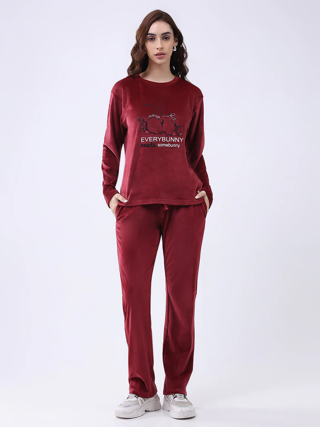 Women Maroon Printed Round Neck Full Sleeve Lower Set