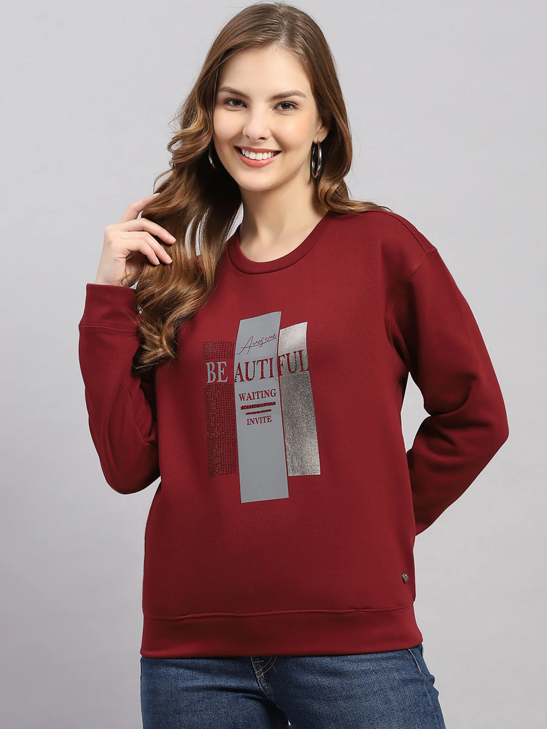 Women Maroon Printed Round Neck Full Sleeve Sweatshirt