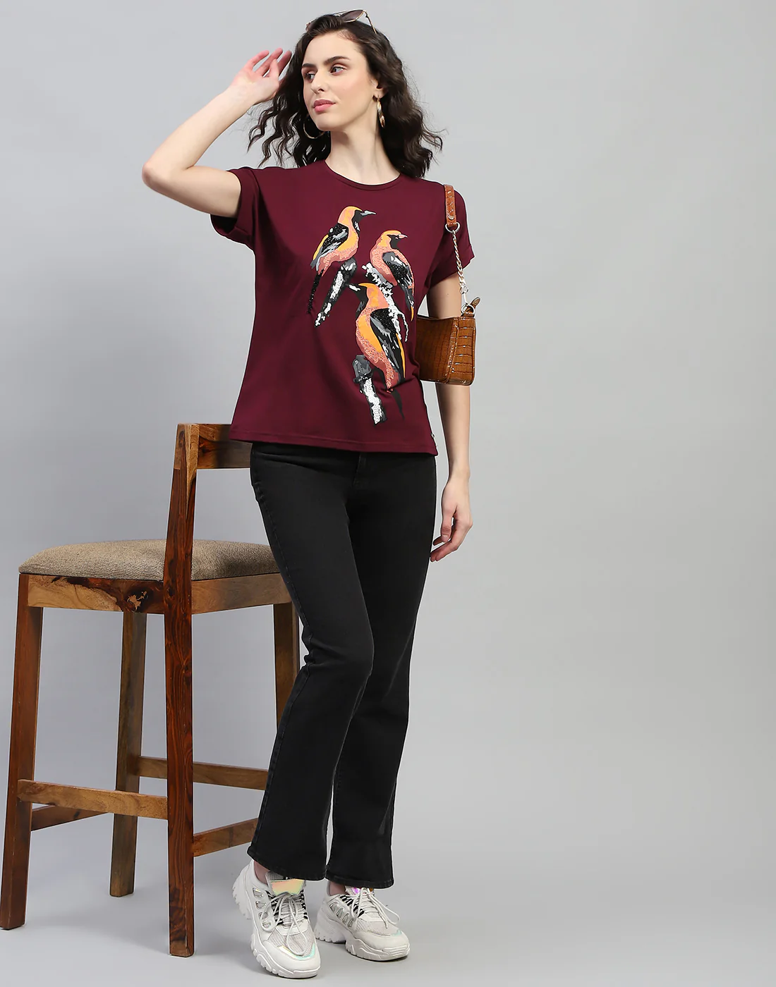 Women Maroon Printed Round Neck Half Sleeve Top