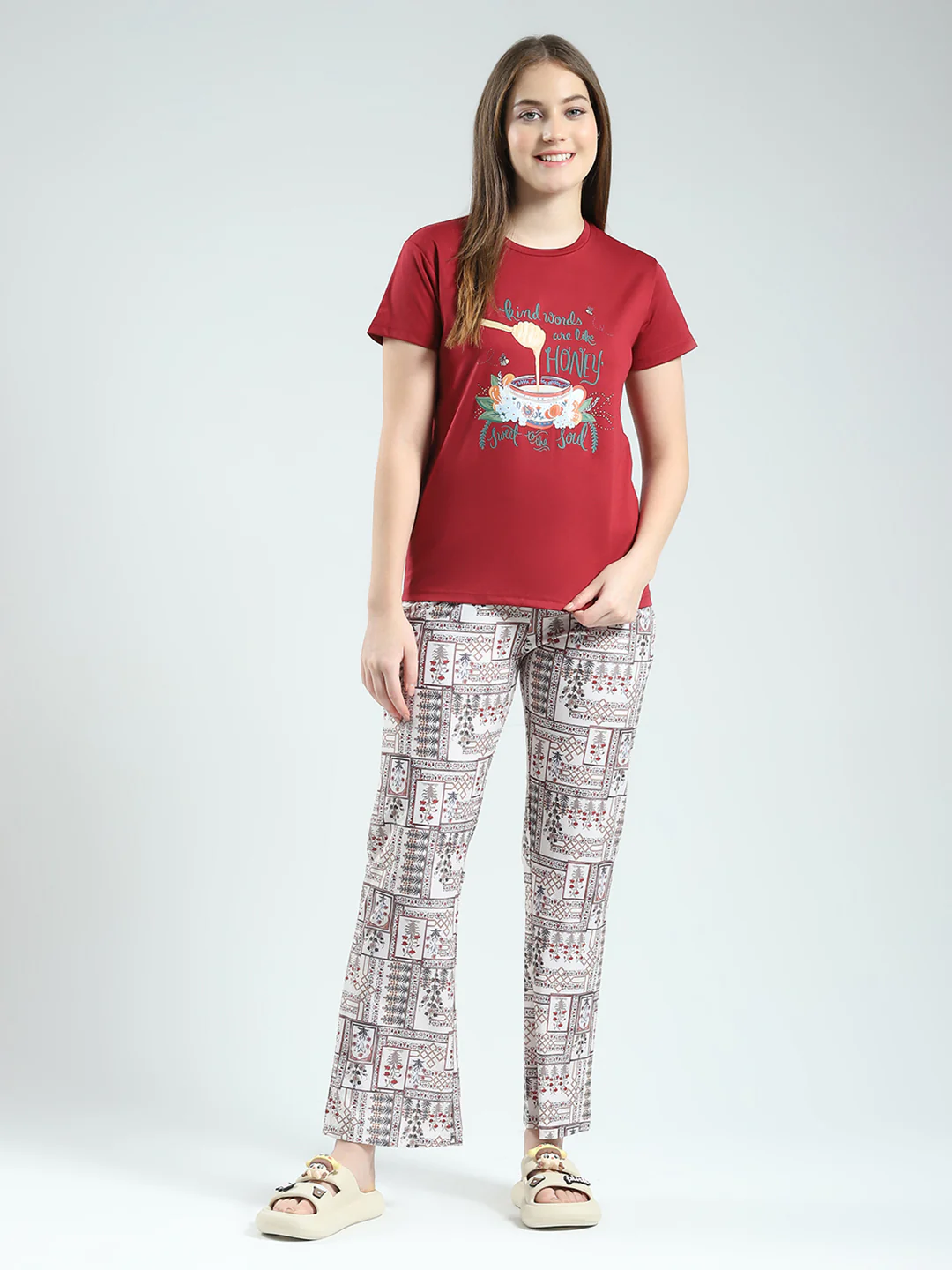 Women Maroon Printed Round Neck Half Sleeve Lower Set