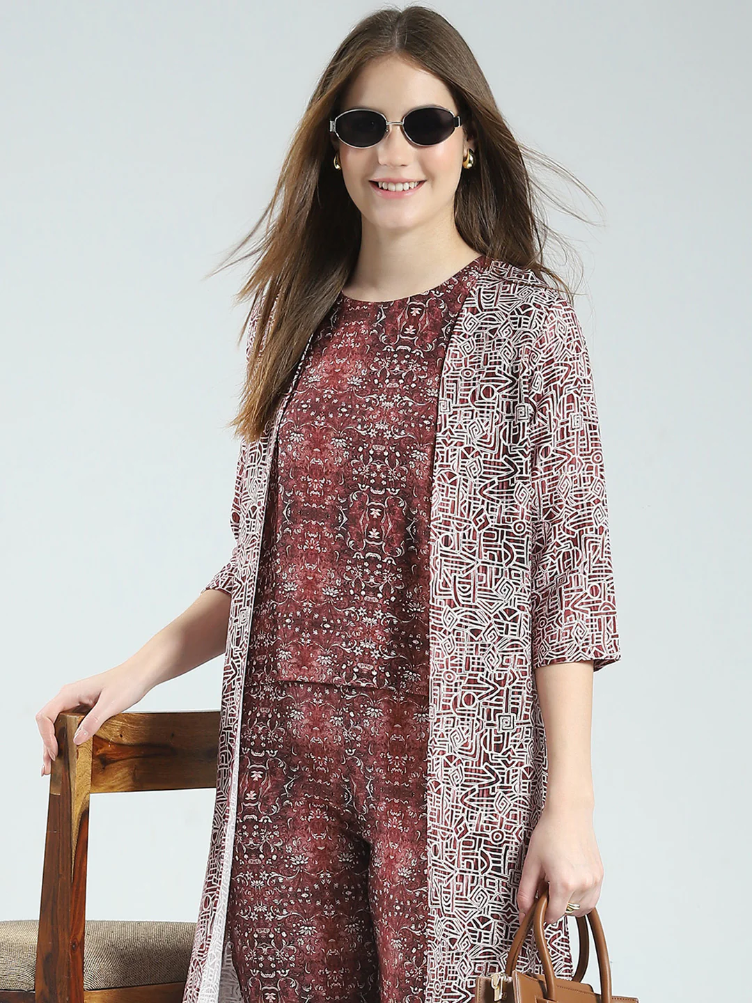 Women Maroon Printed Round Neck Sleeveless 3 Pcs Cords Set - Image 6