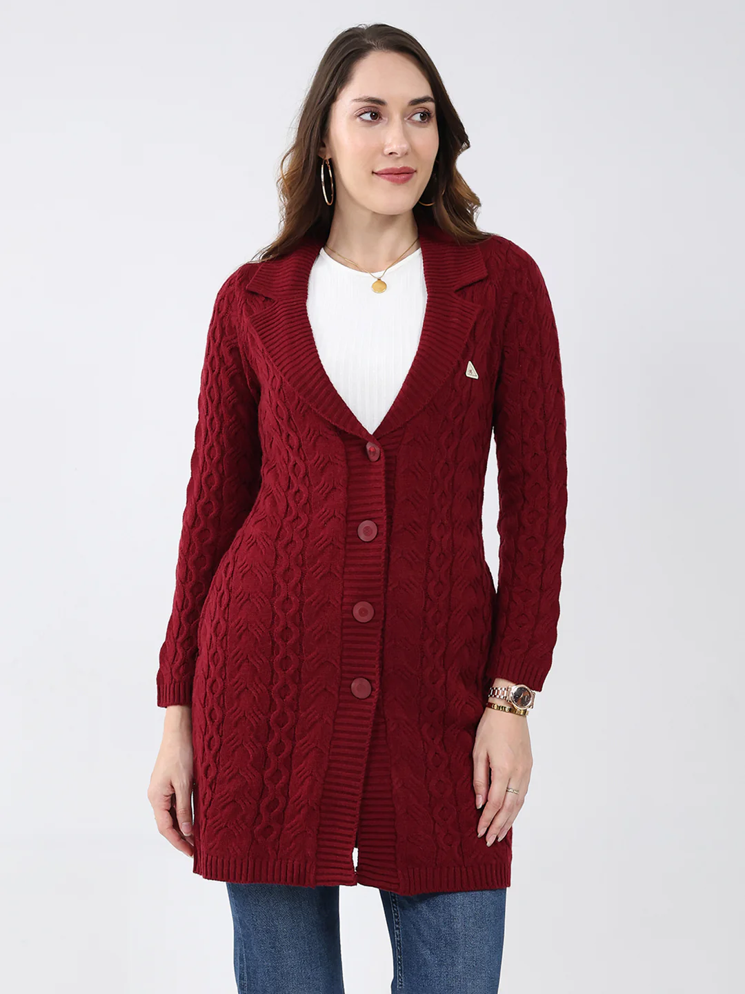 Women Maroon Self Design Notch Lapel Collar Full Sleeve Cardigan