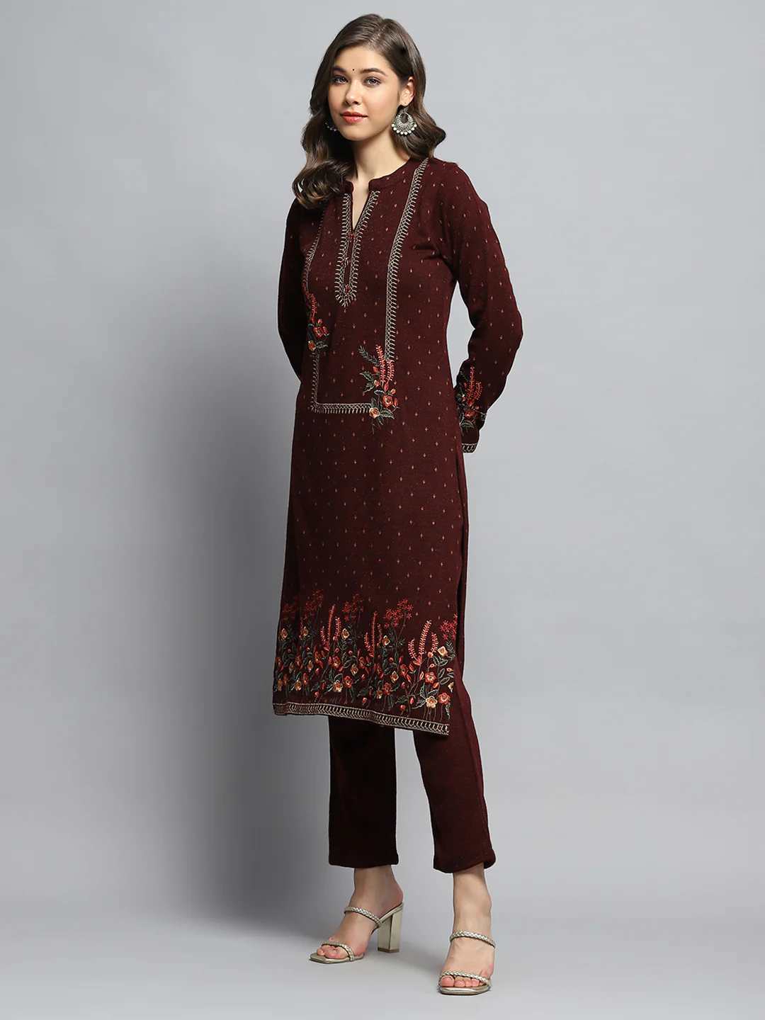 Women Maroon Self Design Round Neck Full Sleeve Kurti Set - Image 3