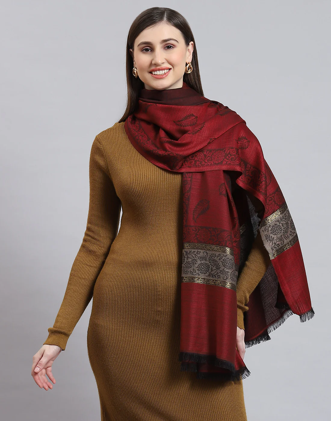 Women Maroon Self Design Shawl - Image 2