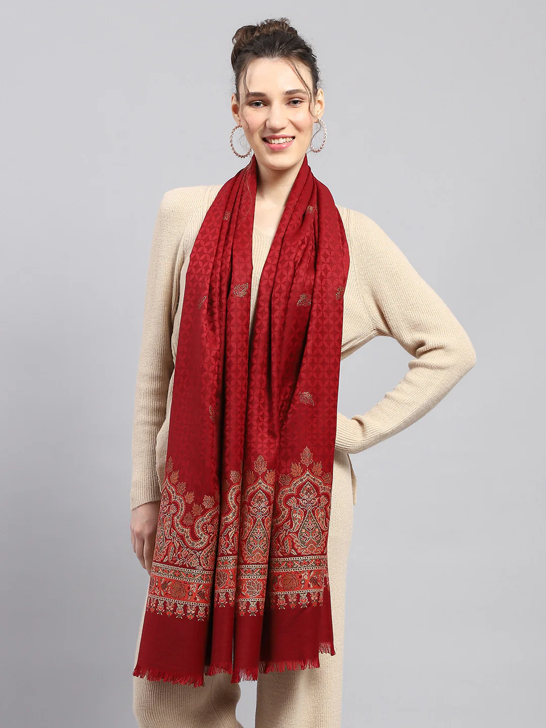 Women Maroon Self Design Stole