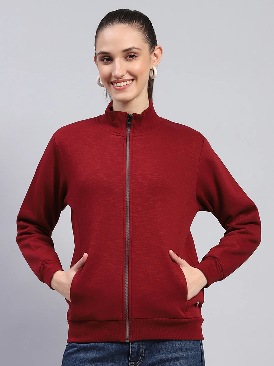Women Maroon Solid Mock Neck Full Sleeve Sweatshirt
