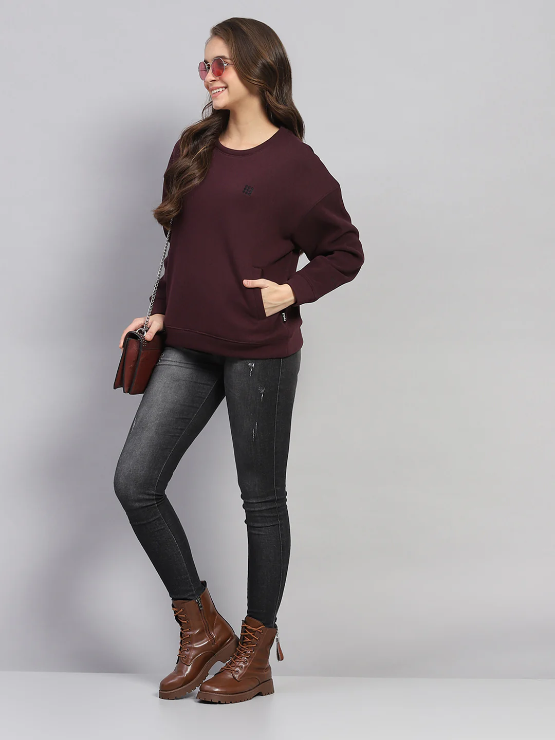 Rock.it Women Maroon Solid Round Neck Full Sleeve Sweatshirt