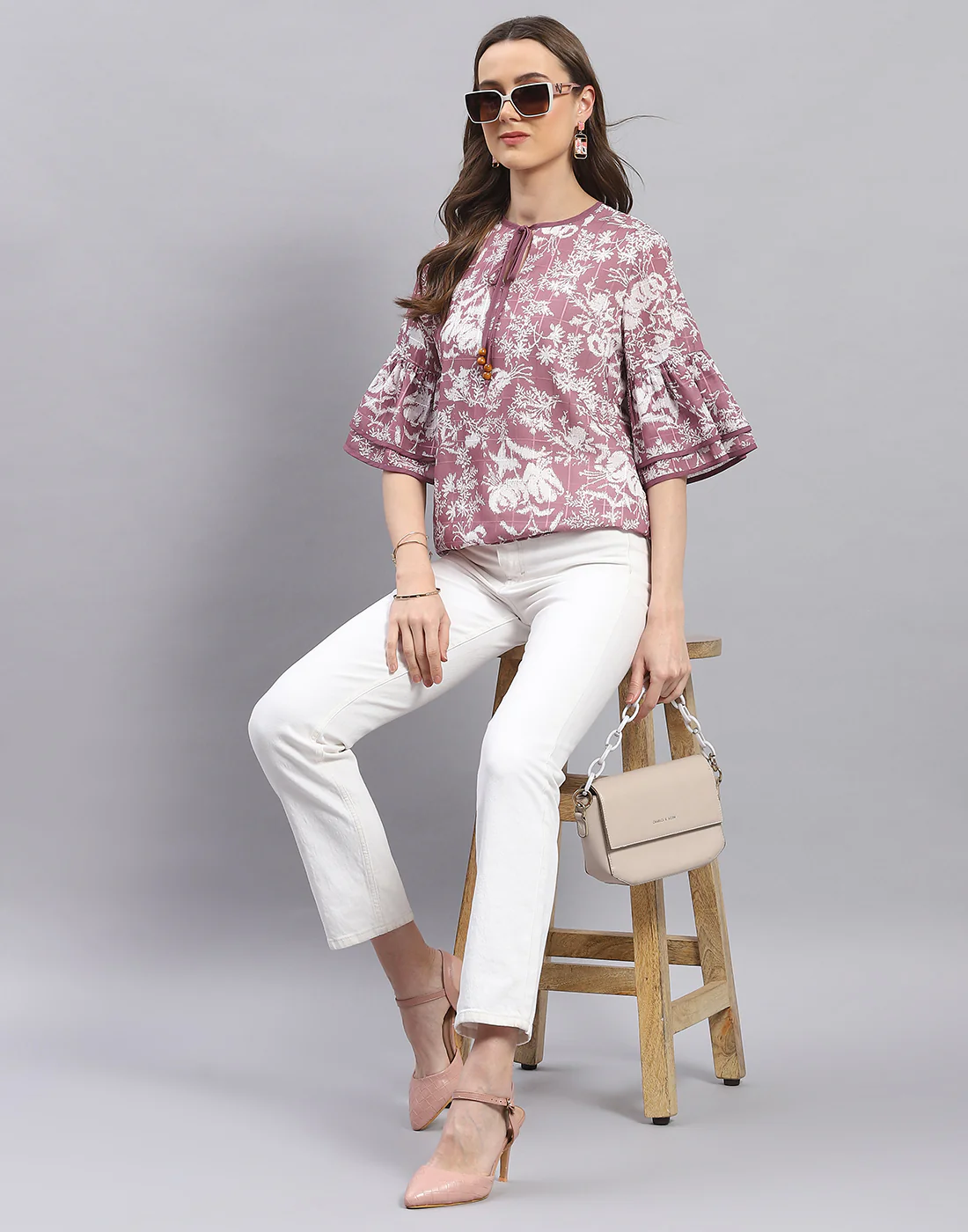 Women Mauve Printed Round Neck Half Sleeve Top