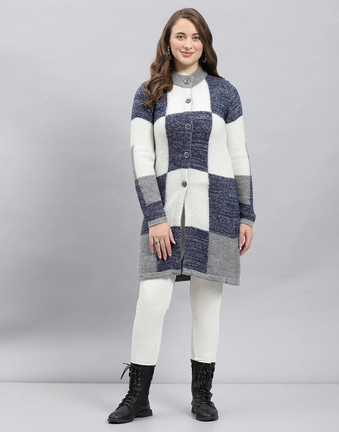 Women Multicolor Self Design Round Neck Full Sleeve Knitted coat - Image 2