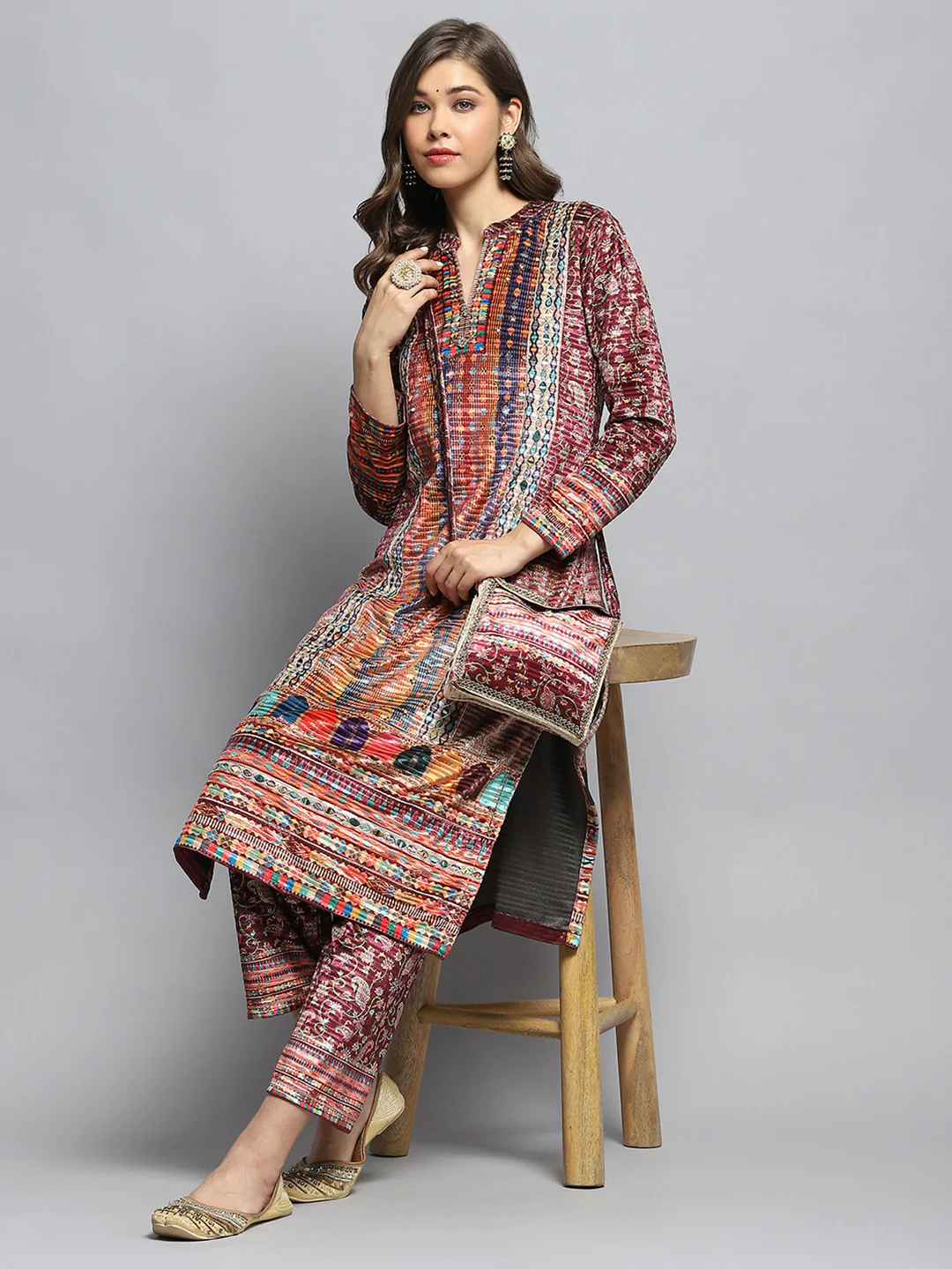 Women Multicolor Self Design Round Neck Full Sleeve Kurti Set with Bag - Image 2