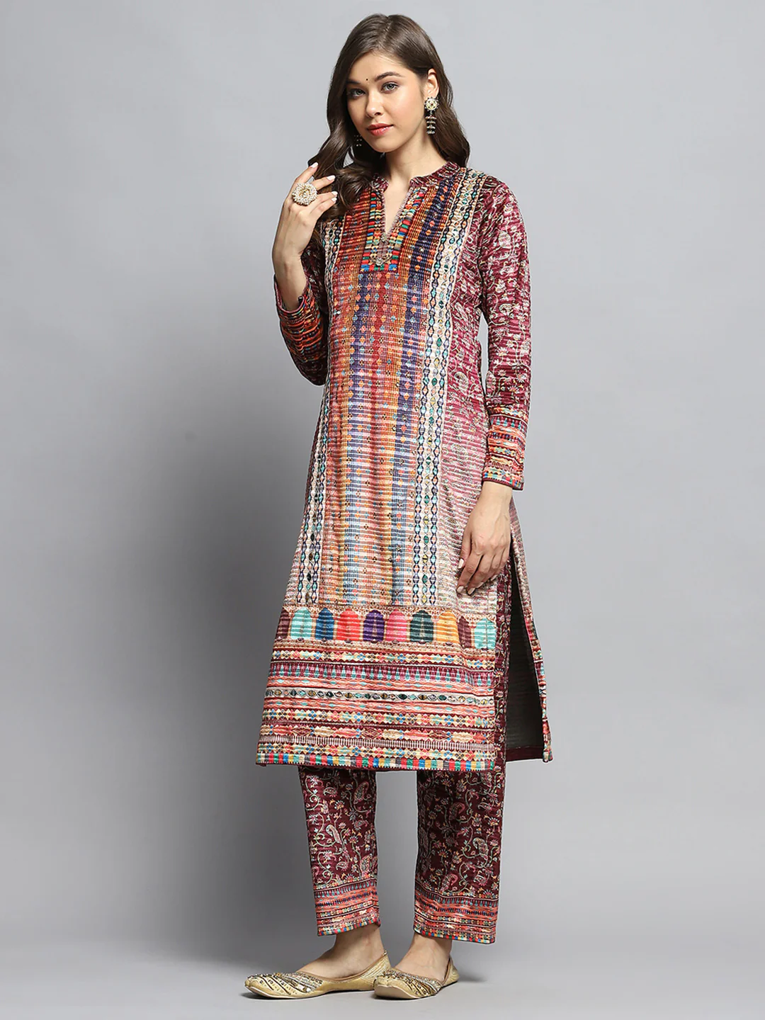 Women Multicolor Self Design Round Neck Full Sleeve Kurti Set with Bag - Image 3