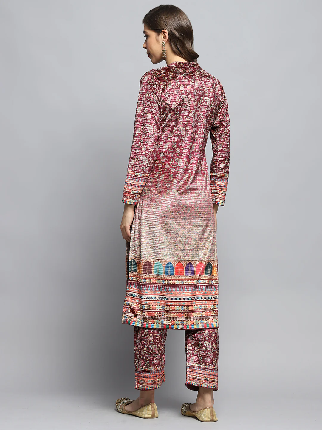 Women Multicolor Self Design Round Neck Full Sleeve Kurti Set with Bag - Image 5