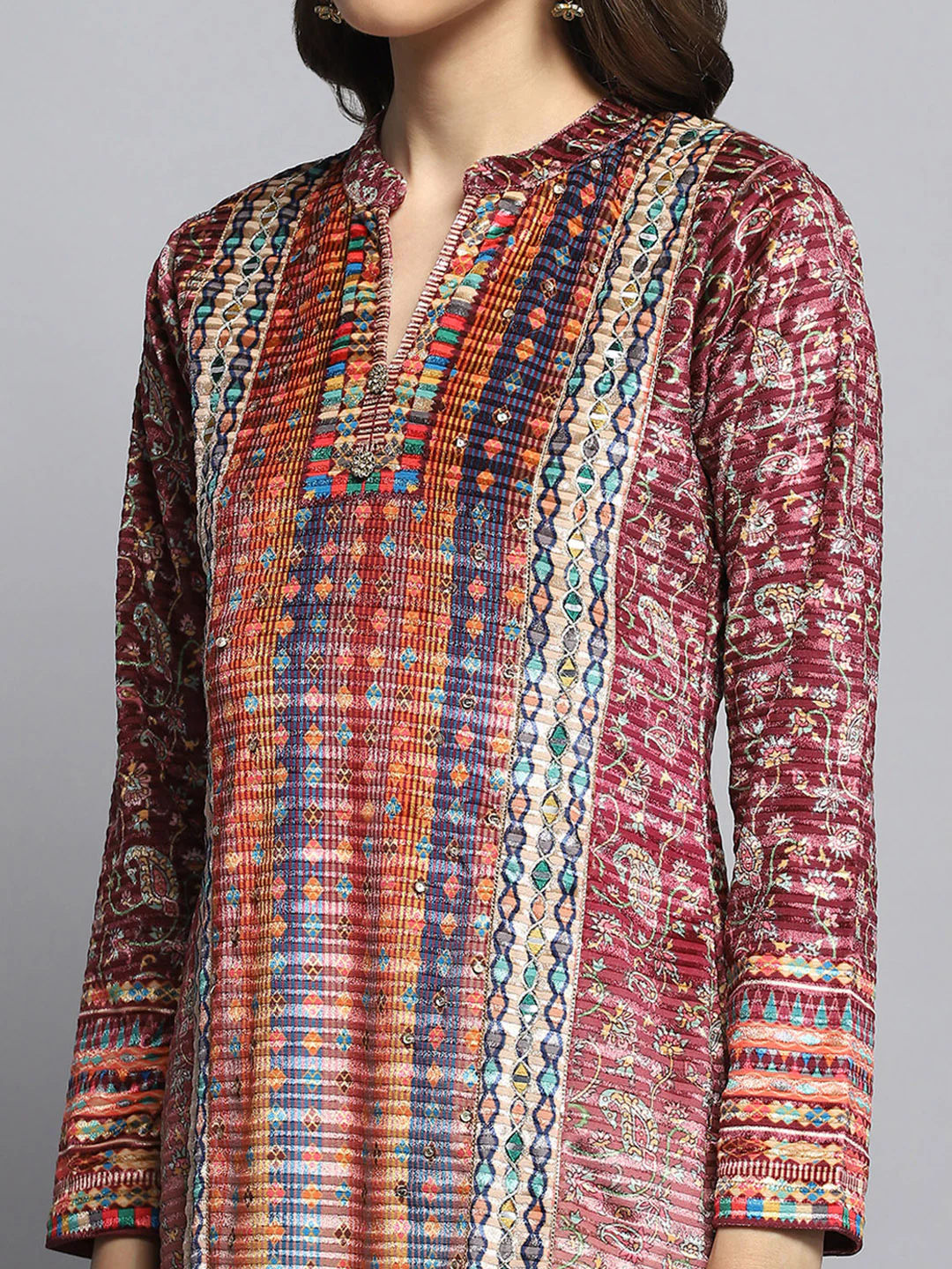 Women Multicolor Self Design Round Neck Full Sleeve Kurti Set with Bag - Image 6