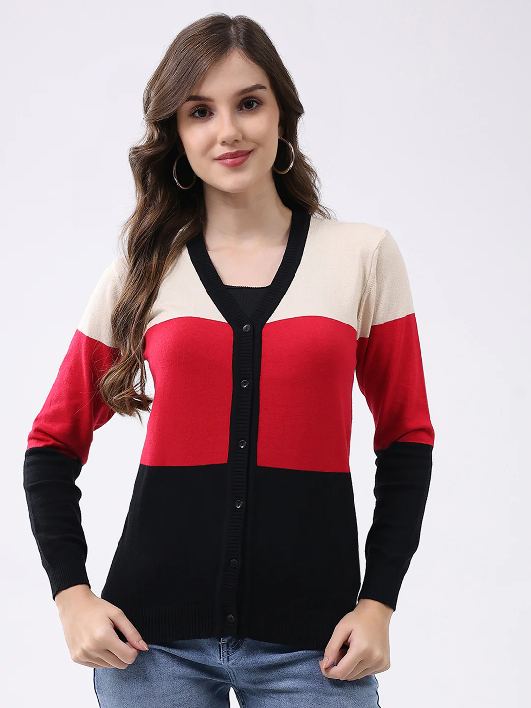 Women Multicolor Stripe V Neck Full Sleeve Cardigan