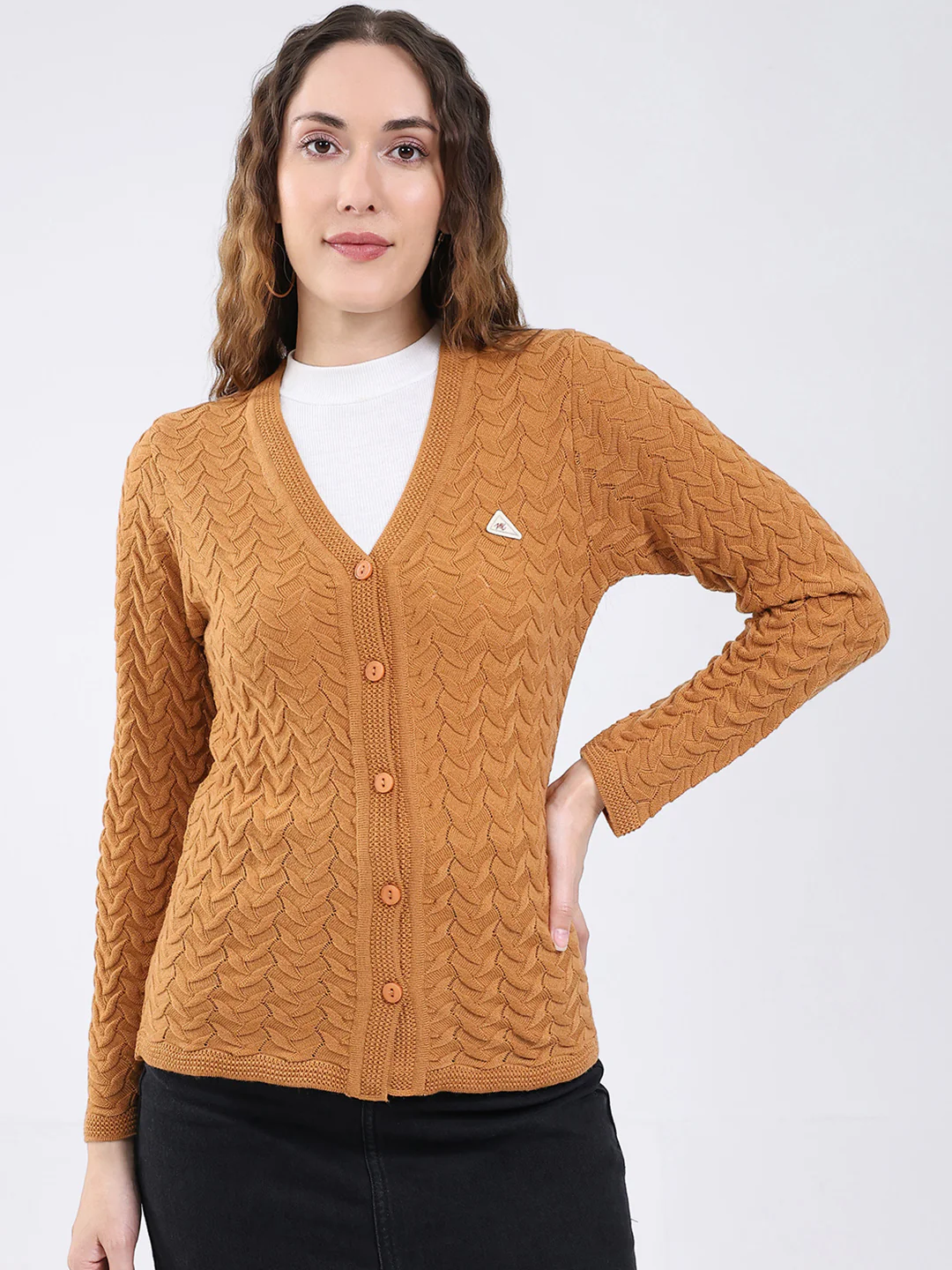 Women Mustard Self Design V Neck Full Sleeve Cardigan