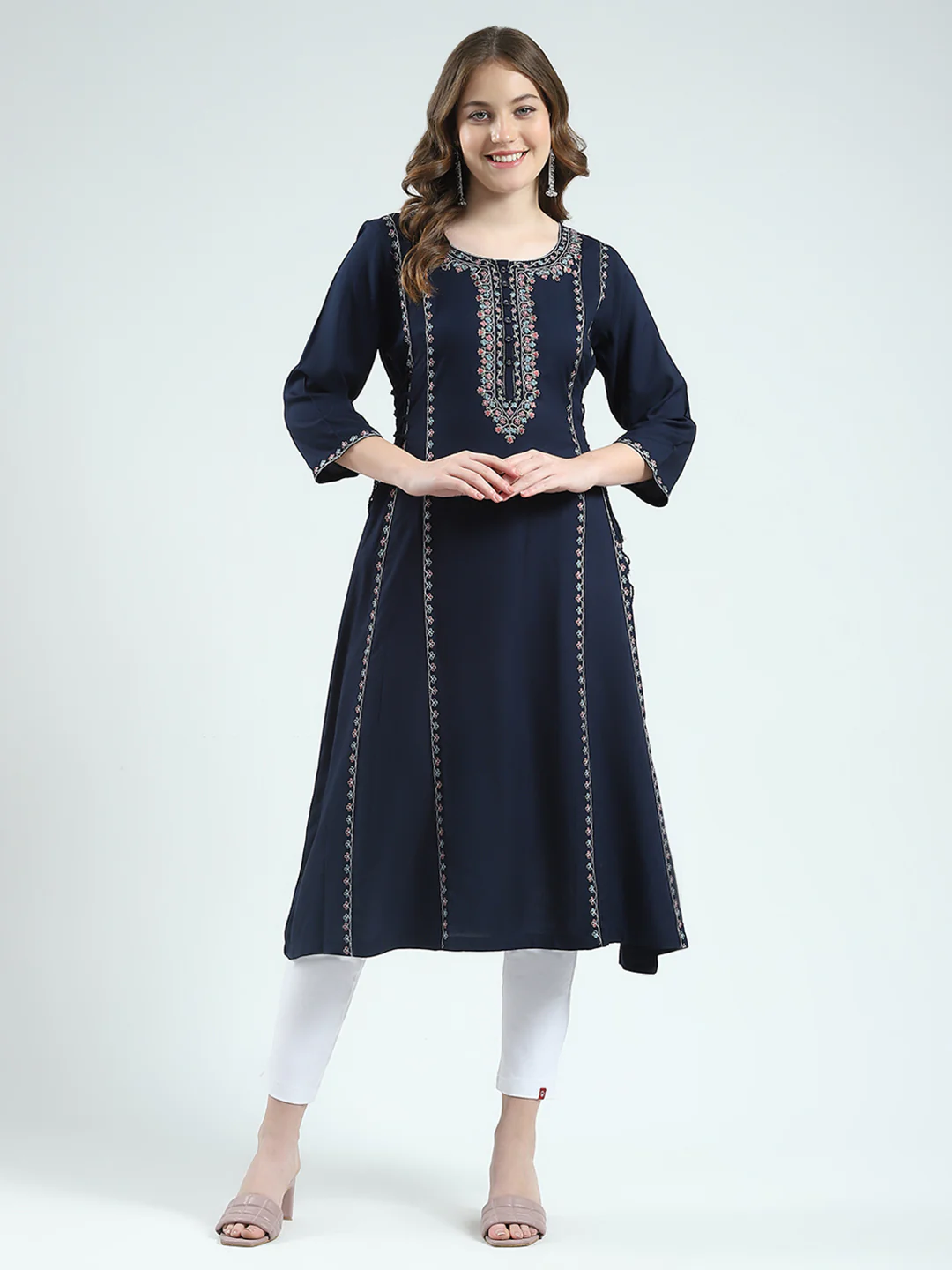 Women Navy Blue Embroidered Round Neck 3/4th Sleeve Kurti