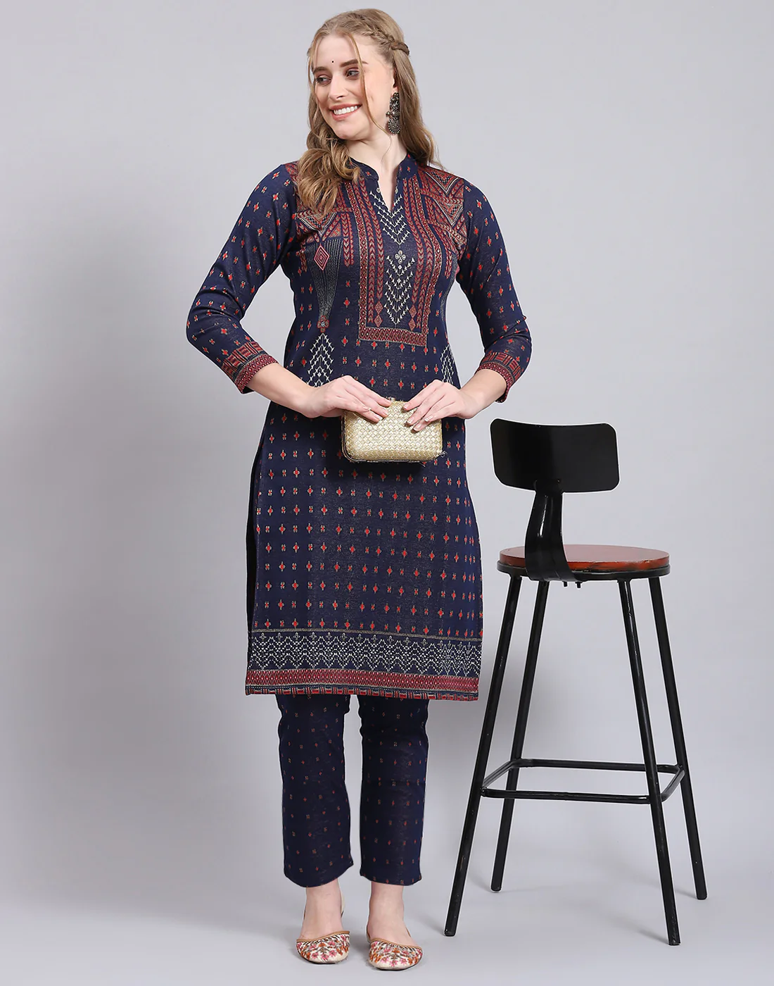 Women Navy Blue Printed Collar Full Sleeve Kurtis Set